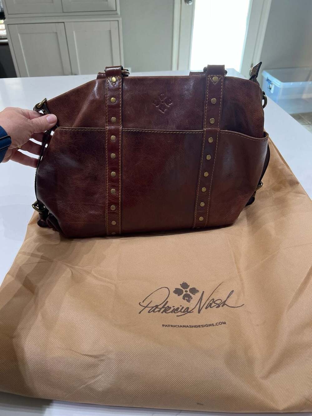 Patricia Nash Cassini Tooled Leather Satchel in Classic Cognac
